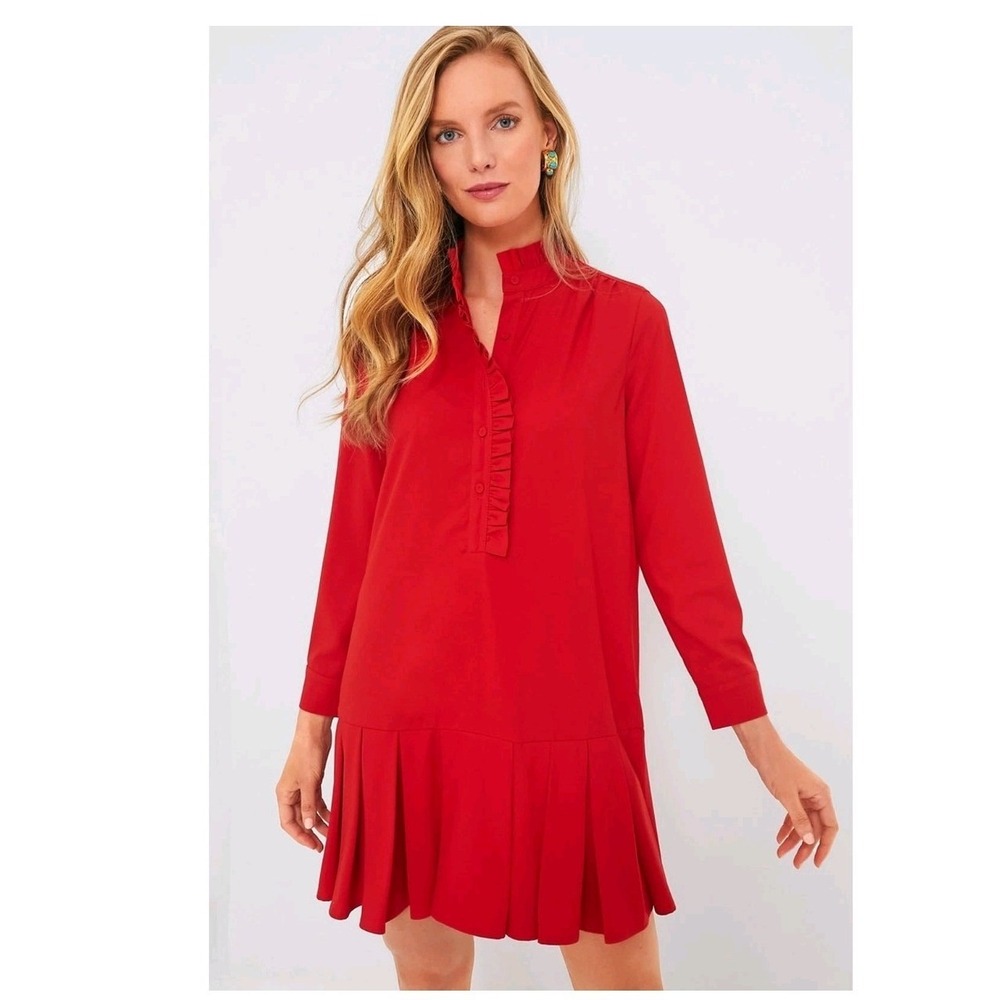 Tuckernuck Tate Dress L Red Crepe Ruffle Mock Neck Pleated Drop Waist Mini EUC